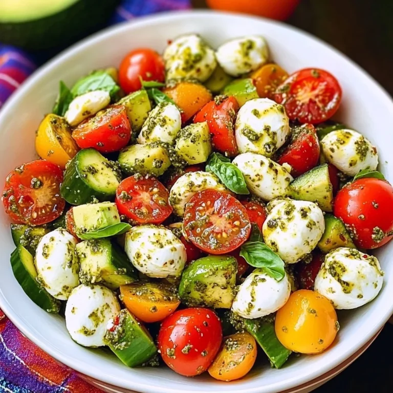 Tomato Cucumber Avocado Salad with Mozzarella and Basil Pesto